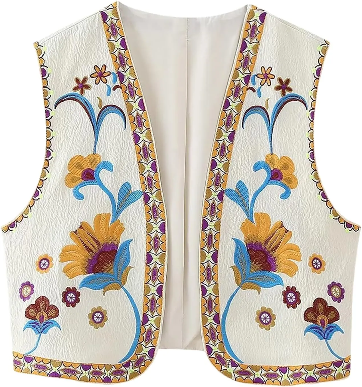 Wyeysyt Women Floral Embroidered Vest Vintage Sleeveless Boho Y2k Cardigan Open Front Cropped Waistcoat