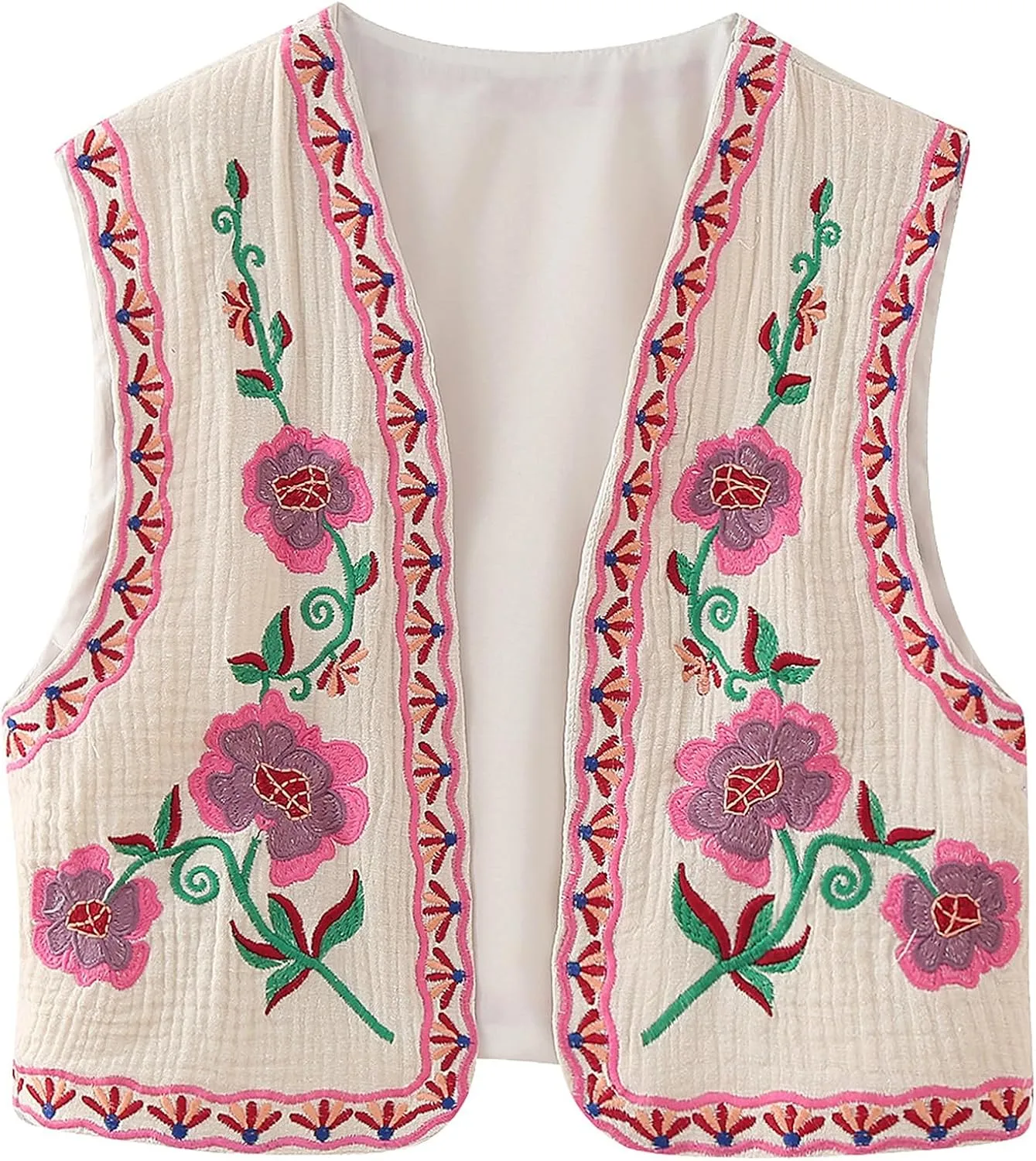Wyeysyt Women Floral Embroidered Vest Vintage Sleeveless Boho Y2k Cardigan Open Front Cropped Waistcoat