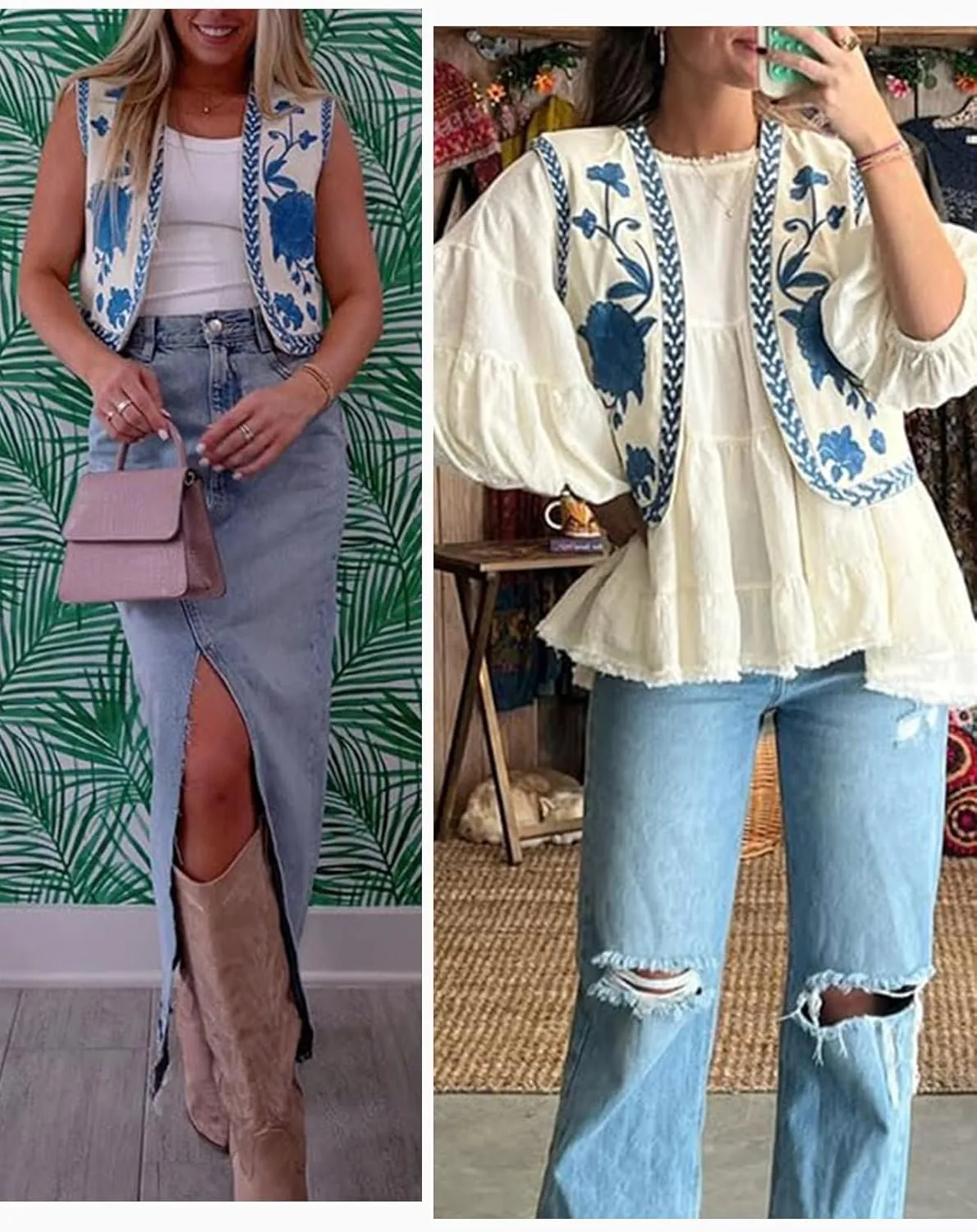 Wyeysyt Women Floral Embroidered Vest Vintage Sleeveless Boho Y2k Cardigan Open Front Cropped Waistcoat