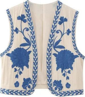 Wyeysyt Women Floral Embroidered Vest Vintage Sleeveless Boho Y2k Cardigan Open Front Cropped Waistcoat