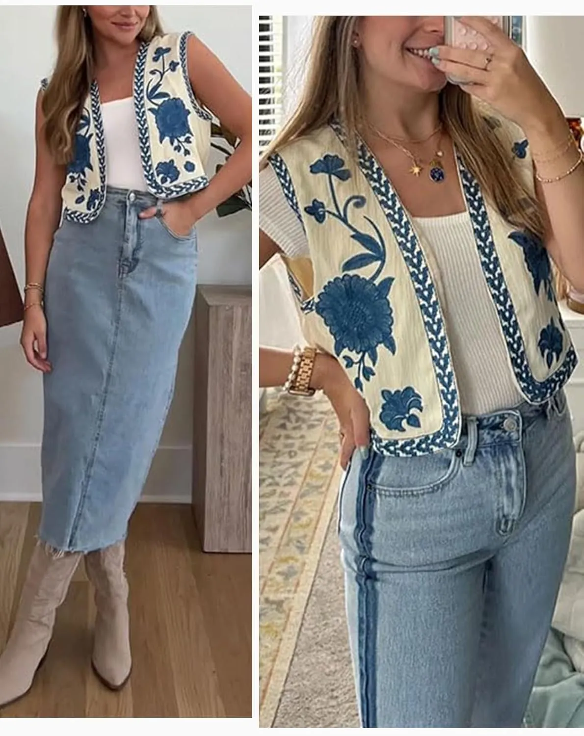 Wyeysyt Women Floral Embroidered Vest Vintage Sleeveless Boho Y2k Cardigan Open Front Cropped Waistcoat