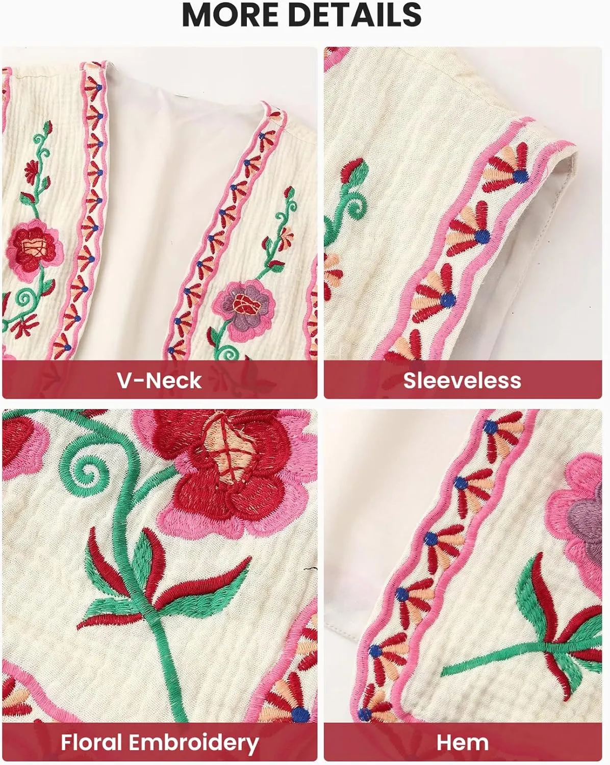 Wyeysyt Women Floral Embroidered Vest Vintage Sleeveless Boho Y2k Cardigan Open Front Cropped Waistcoat