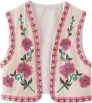 Wyeysyt Women Floral Embroidered Vest Vintage Sleeveless Boho Y2k Cardigan Open Front Cropped Waistcoat