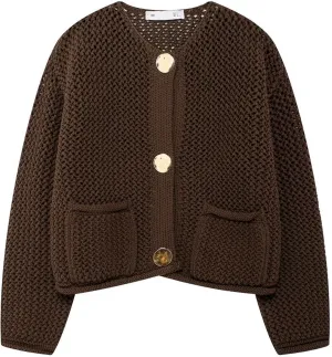 Wyeysyt Womens Cropped Cardigan Sweaters Chunky Knit Gold Button Down Open Front Cardigan Long Sleeve Crop Crochet Sweaters