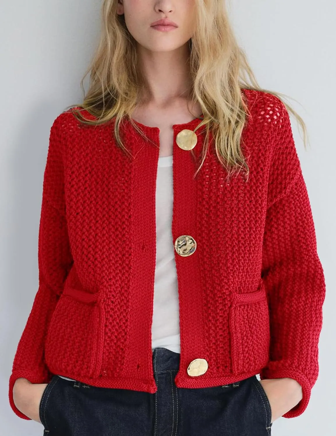 Wyeysyt Womens Cropped Cardigan Sweaters Chunky Knit Gold Button Down Open Front Cardigan Long Sleeve Crop Crochet Sweaters