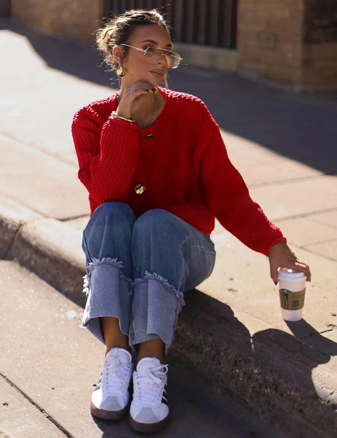 Wyeysyt Womens Cropped Cardigan Sweaters Chunky Knit Gold Button Down Open Front Cardigan Long Sleeve Crop Crochet Sweaters