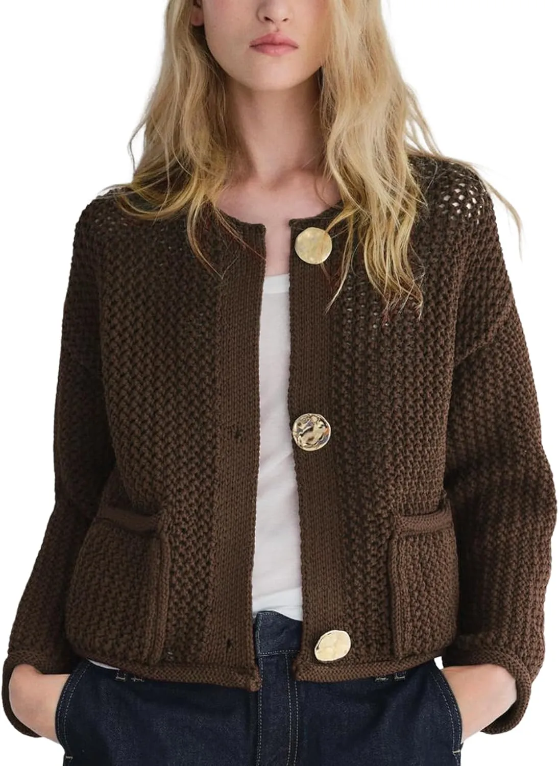 Wyeysyt Womens Cropped Cardigan Sweaters Chunky Knit Gold Button Down Open Front Cardigan Long Sleeve Crop Crochet Sweaters