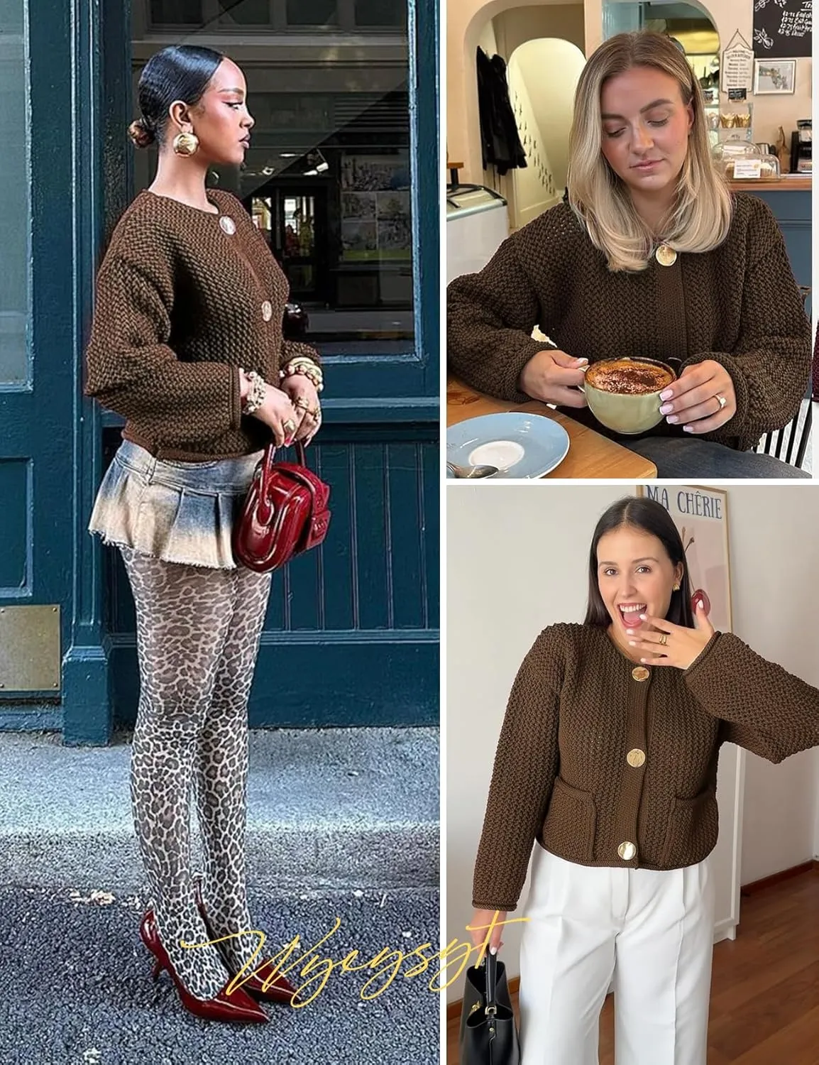 Wyeysyt Womens Cropped Cardigan Sweaters Chunky Knit Gold Button Down Open Front Cardigan Long Sleeve Crop Crochet Sweaters