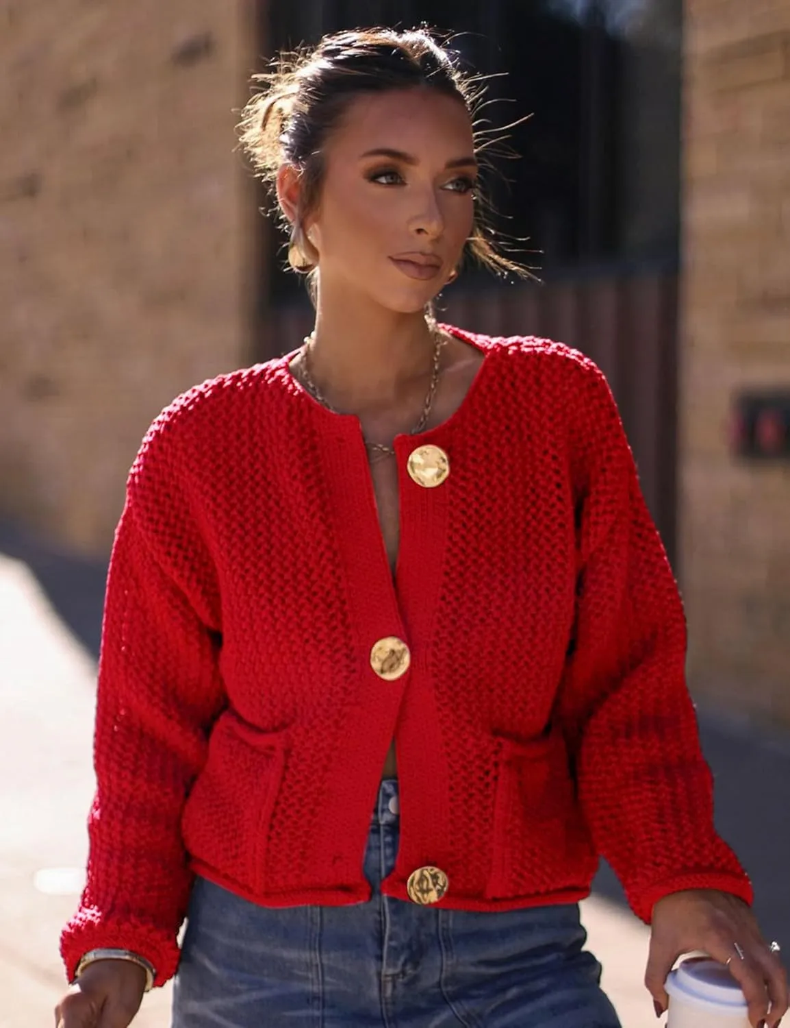 Wyeysyt Womens Cropped Cardigan Sweaters Chunky Knit Gold Button Down Open Front Cardigan Long Sleeve Crop Crochet Sweaters