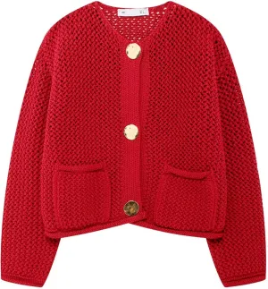 Wyeysyt Womens Cropped Cardigan Sweaters Chunky Knit Gold Button Down Open Front Cardigan Long Sleeve Crop Crochet Sweaters