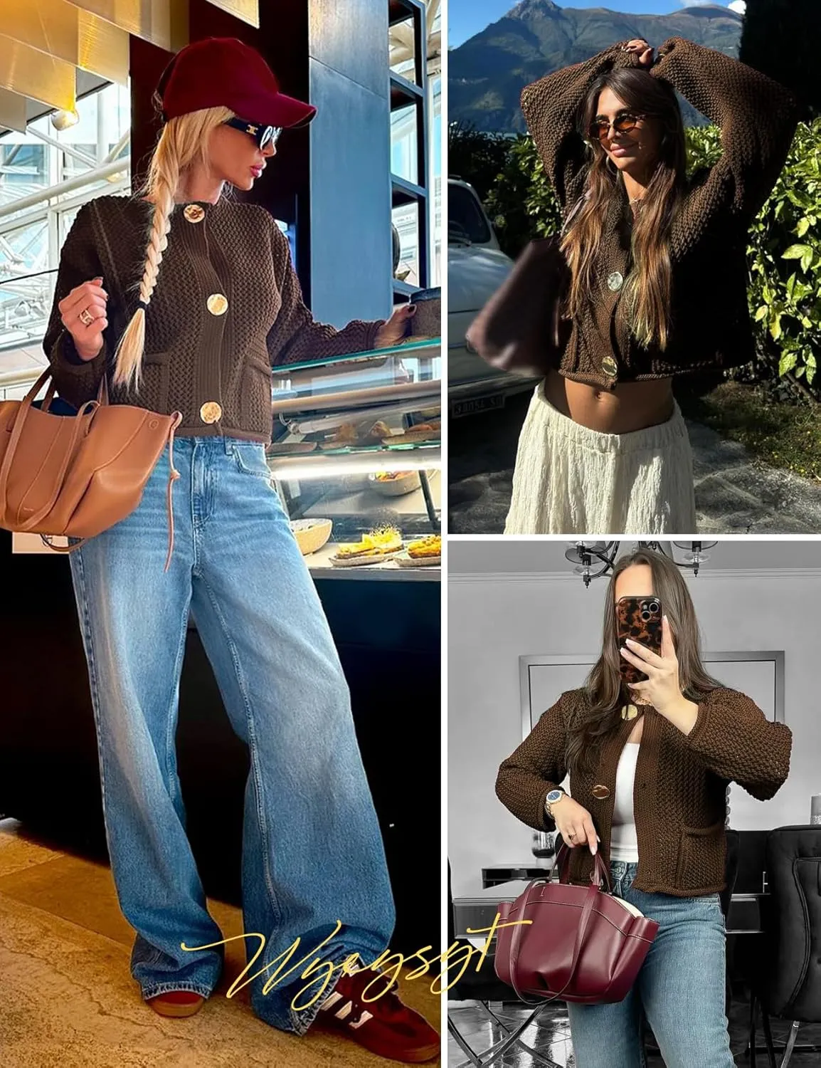 Wyeysyt Womens Cropped Cardigan Sweaters Chunky Knit Gold Button Down Open Front Cardigan Long Sleeve Crop Crochet Sweaters