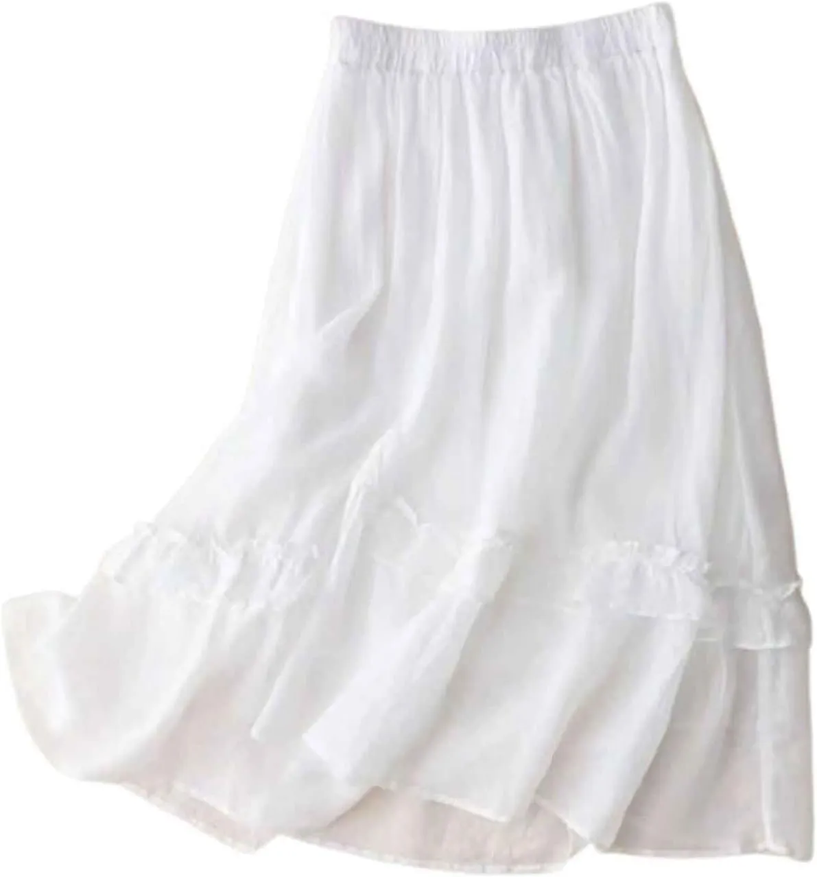 Xiaojmake Cotton Linen Skirt for Women Elastic Waisted Ruffle Tiered Midi Skirts Summer Solid Color Vacation Flowy Boho Skirt
