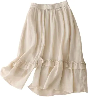 Xiaojmake Cotton Linen Skirt for Women Elastic Waisted Ruffle Tiered Midi Skirts Summer Solid Color Vacation Flowy Boho Skirt