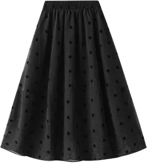 Xiaojmake Women Polka Dot Print Tutu Skirt Chiffon Flowy Elastic Waist A-Line Boho Beach Skirt Ruffle Mesh Tiered Midi Skirts