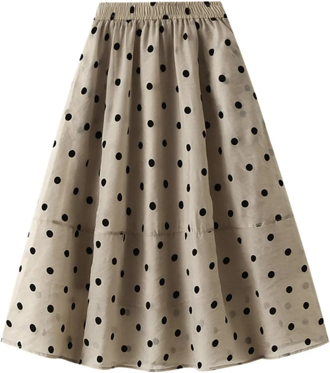 Xiaojmake Women Polka Dot Print Tutu Skirt Chiffon Flowy Elastic Waist A-Line Boho Beach Skirt Ruffle Mesh Tiered Midi Skirts