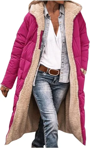 yardsong Winter Coat for Women Warm Reversible Sherpa Fleece Long Jacket Hooded Parkas Puffer Jackets Zip Up Outerwear