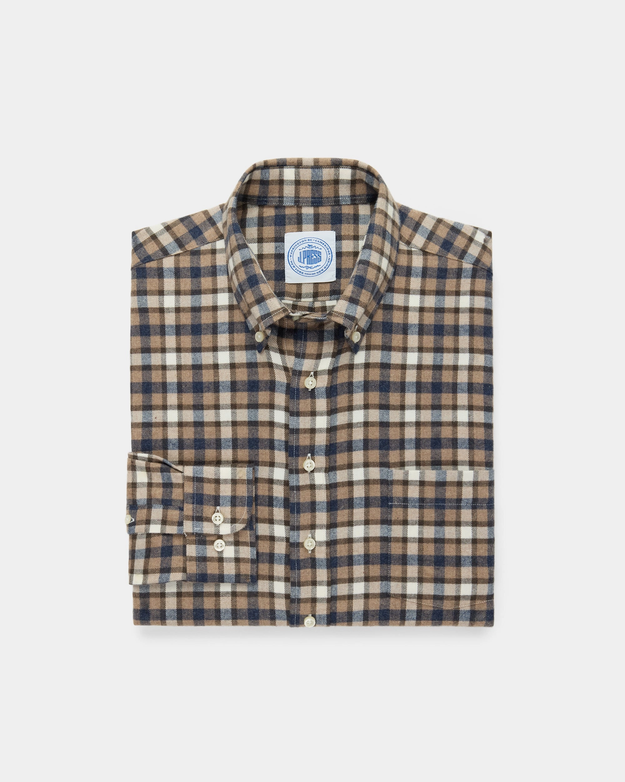 Brown & Navy Plaid Cotton Flannel Button Down Sport Shirt - Classic Fit Mature Elegance Must-Have Item