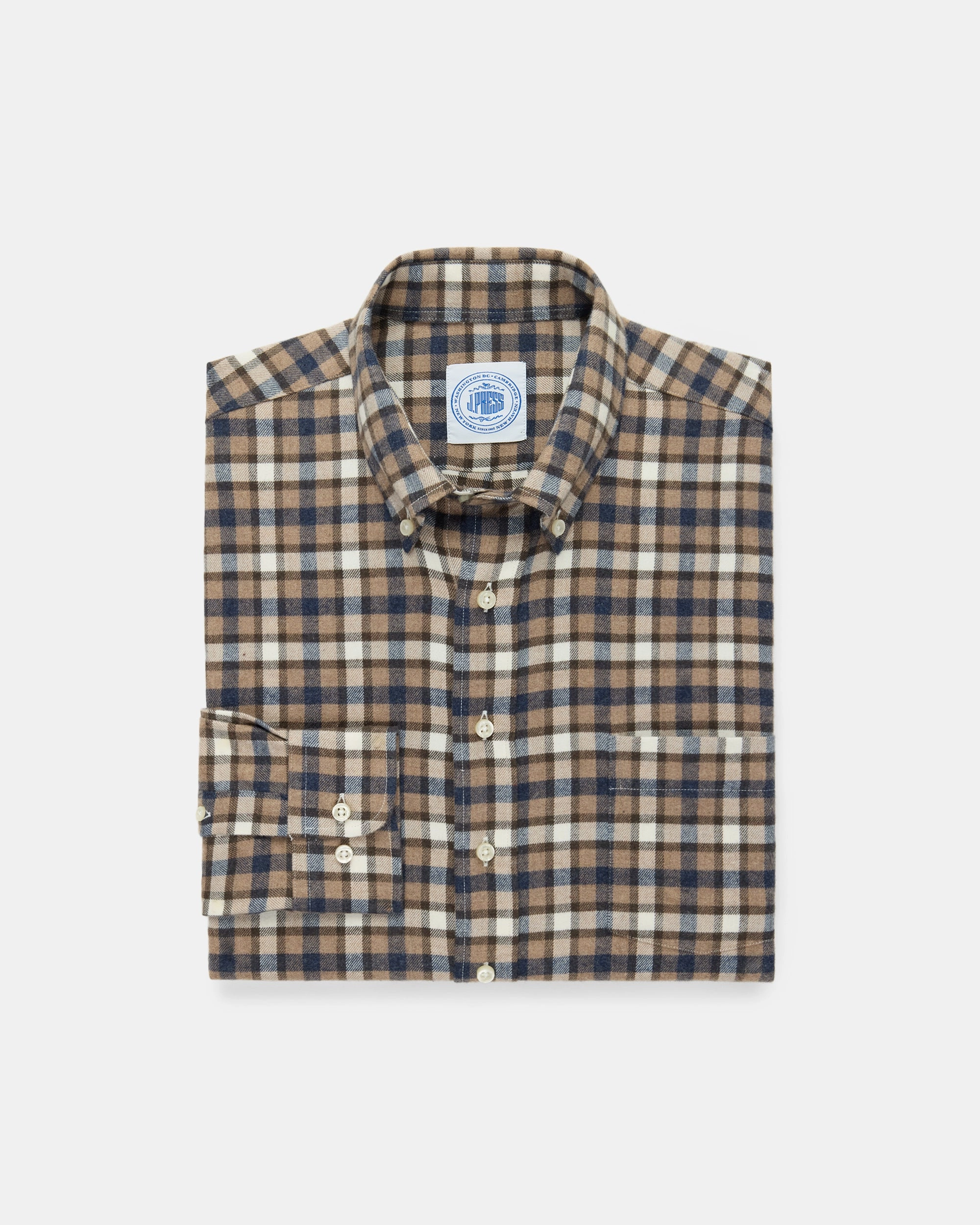 Brown & Navy Plaid Cotton Flannel Button Down Sport Shirt - Classic Fit Lightweight Construction