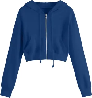 YRAETENM Cropped Zip up Hoodie Women Long Sleeve Drawstring Full Zip Hooded Jackets Casual Cute Loose Fit Crop Sweatshirts