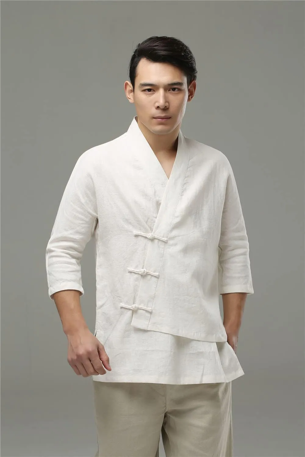 Ystylee Men's Cotton Linen Kimono Cardigan Shirt 3/4 Long Sleeve Button Down Asymmetric Solid Color Chinese Hanfu