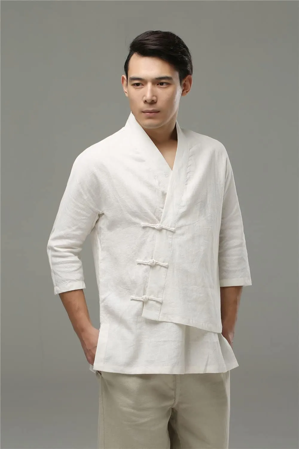 Ystylee Men's Cotton Linen Kimono Cardigan Shirt 3/4 Long Sleeve Button Down Asymmetric Solid Color Chinese Hanfu