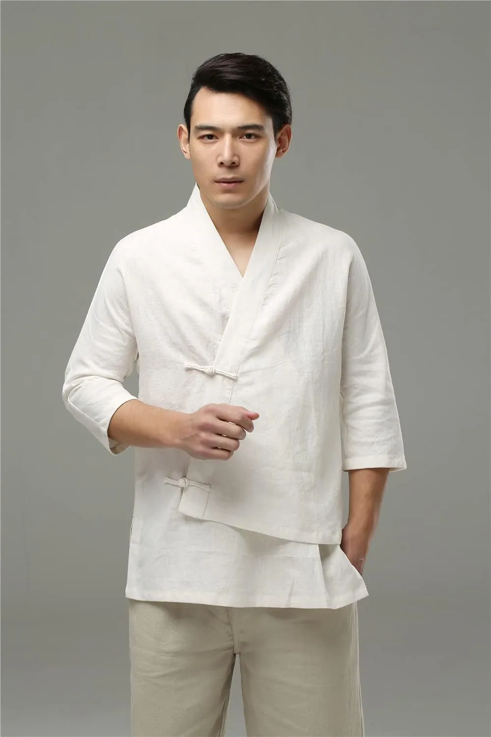 Ystylee Men's Cotton Linen Kimono Cardigan Shirt 3/4 Long Sleeve Button Down Asymmetric Solid Color Chinese Hanfu