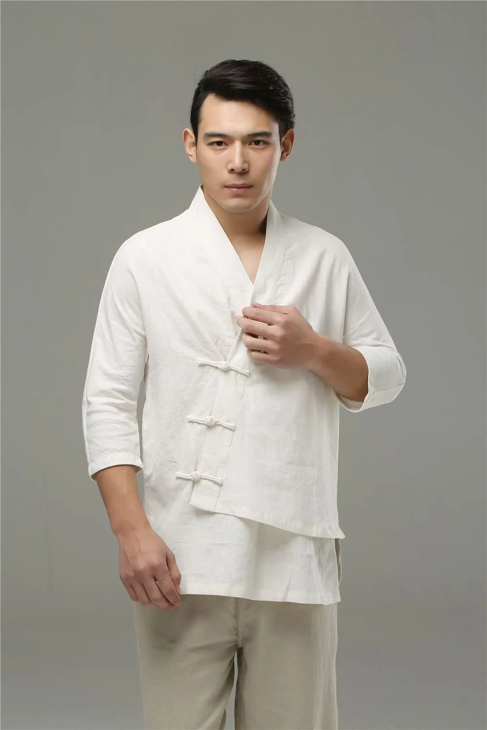 Ystylee Men's Cotton Linen Kimono Cardigan Shirt 3/4 Long Sleeve Button Down Asymmetric Solid Color Chinese Hanfu