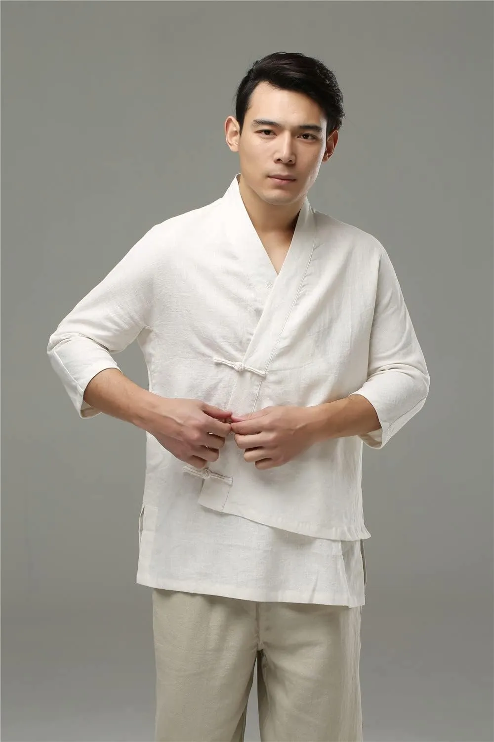 Ystylee Men's Cotton Linen Kimono Cardigan Shirt 3/4 Long Sleeve Button Down Asymmetric Solid Color Chinese Hanfu