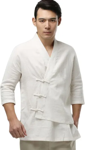 Ystylee Men's Cotton Linen Kimono Cardigan Shirt 3/4 Long Sleeve Button Down Asymmetric Solid Color Chinese Hanfu