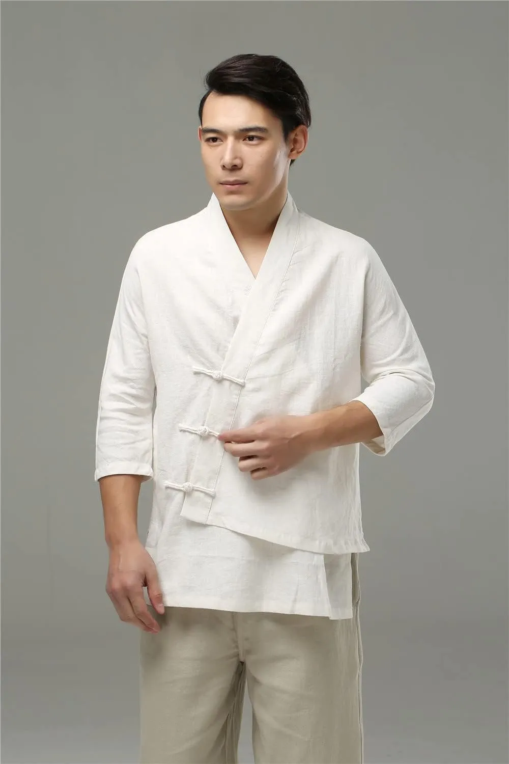 Ystylee Men's Cotton Linen Kimono Cardigan Shirt 3/4 Long Sleeve Button Down Asymmetric Solid Color Chinese Hanfu