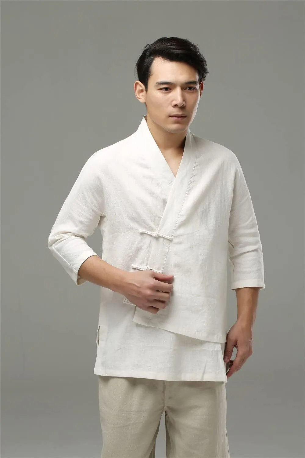 Ystylee Men's Cotton Linen Kimono Cardigan Shirt 3/4 Long Sleeve Button Down Asymmetric Solid Color Chinese Hanfu