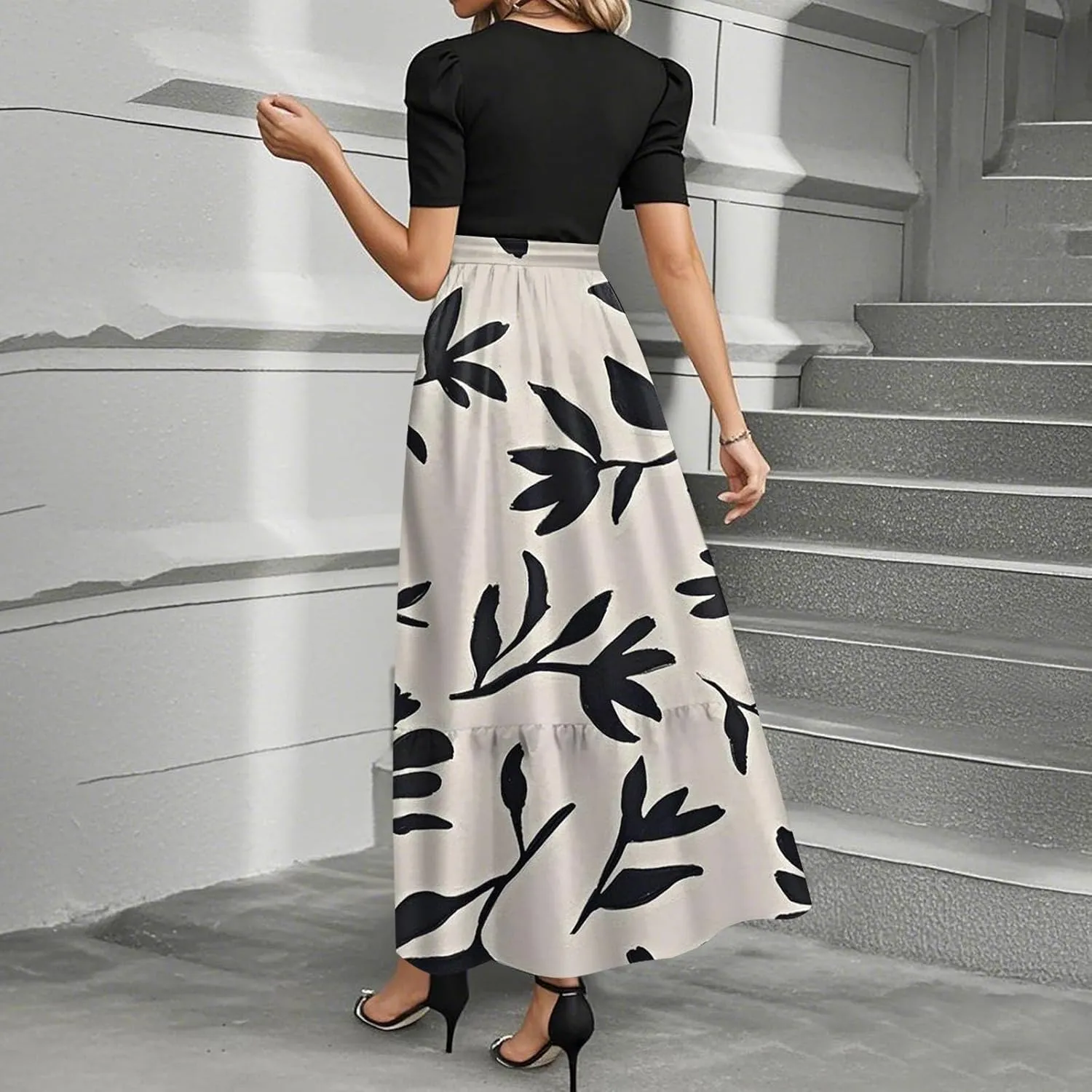ZEFOTIM Long Dresses for Women Casual Cute Floral Dress Short Sleeve Crew Neck Dresses with Belt
