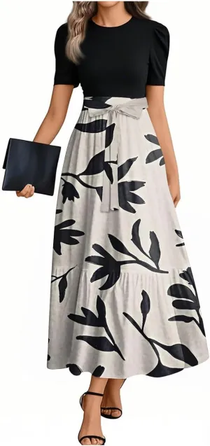 ZEFOTIM Long Dresses for Women Casual Cute Floral Dress Short Sleeve Crew Neck Dresses with Belt
