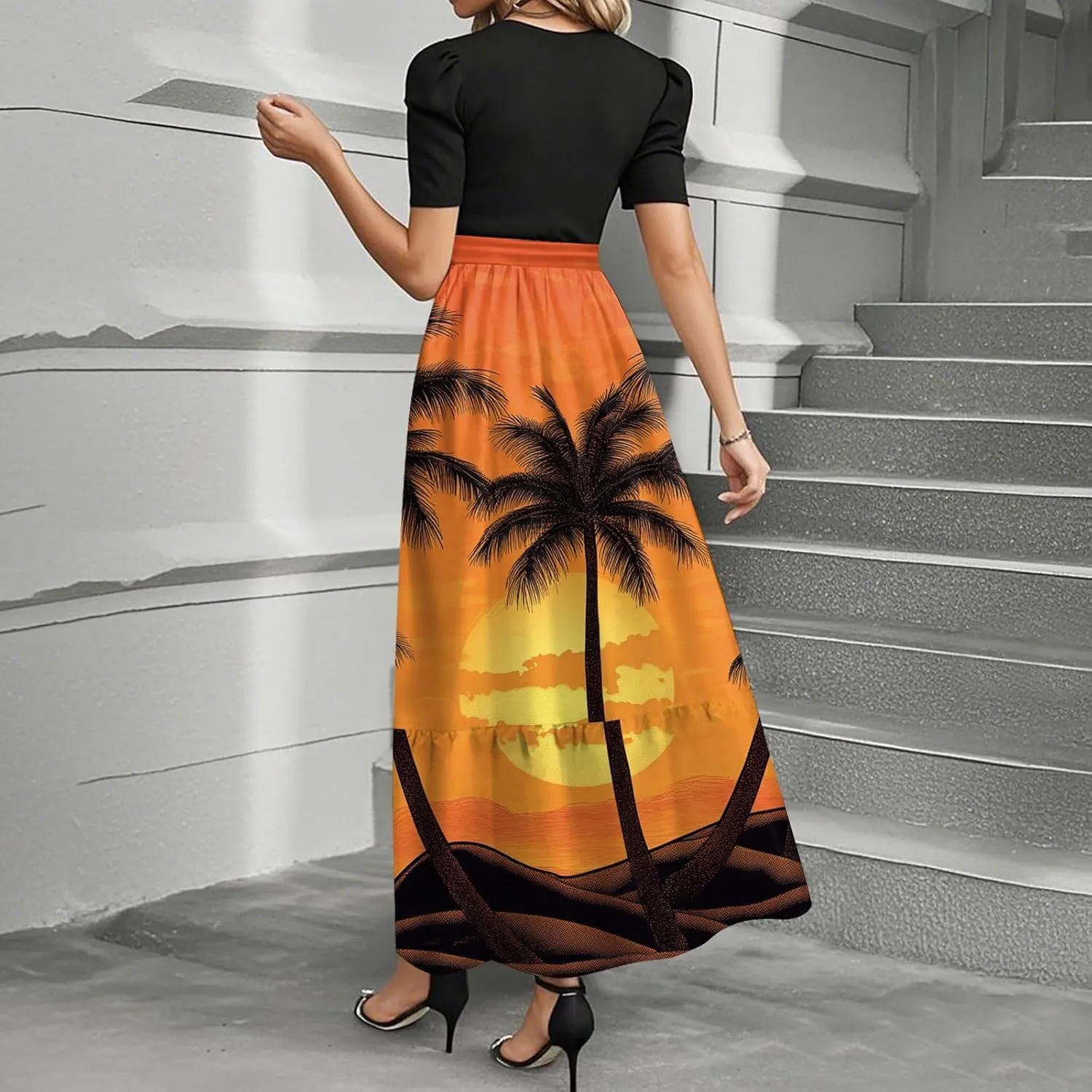 ZEFOTIM Long Dresses for Women Cocktail Floral Dress Short Sleeve Crew Neck Dresses with Belt