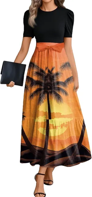 ZEFOTIM Long Dresses for Women Cocktail Floral Dress Short Sleeve Crew Neck Dresses with Belt