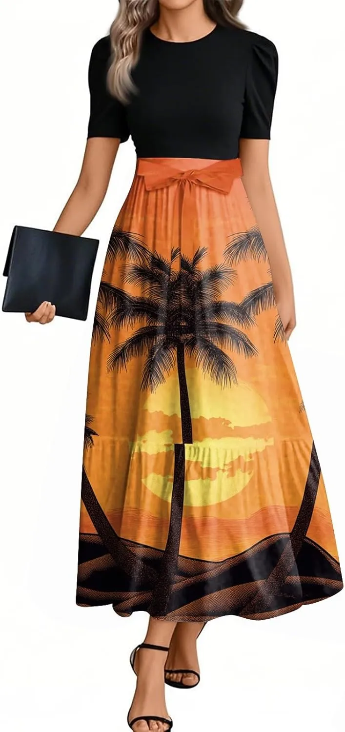 ZEFOTIM Long Dresses for Women Cocktail Floral Dress Short Sleeve Crew Neck Dresses with Belt