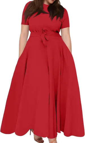 ZEFOTIM Long Flowy Dresses for Women Plus Size Curvy Solid Color Dress Short Sleeve Crew Neck Dresses