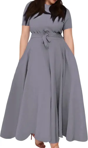 ZEFOTIM Long Maxi Dresses for Women Plus Size Vacation Solid Color Dress Short Sleeve Crew Neck Dresses