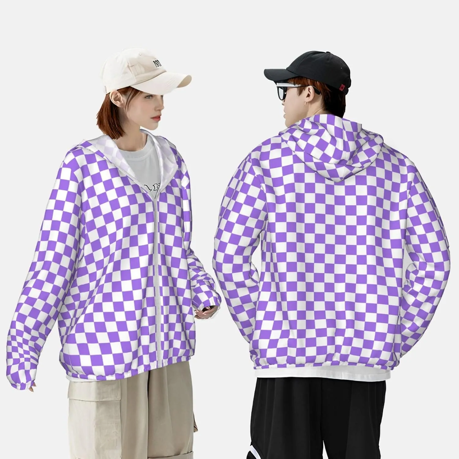 Zip Up Hoodie for Men Women - Lilac Checkered Hooded Sun Long Sleeve Shirt Men Women with Pockets