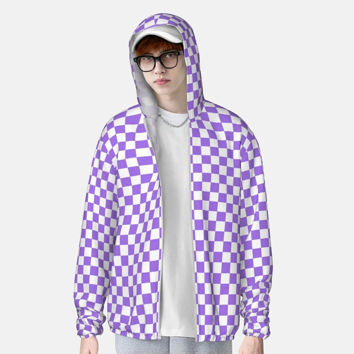Zip Up Hoodie for Men Women - Lilac Checkered Hooded Sun Long Sleeve Shirt Men Women with Pockets