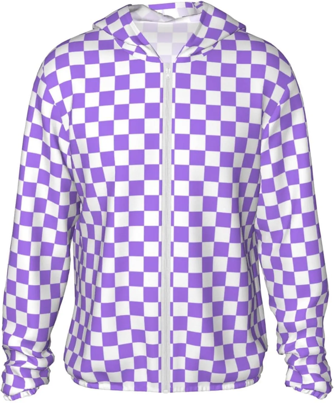 Zip Up Hoodie for Men Women - Lilac Checkered Hooded Sun Long Sleeve Shirt Men Women with Pockets