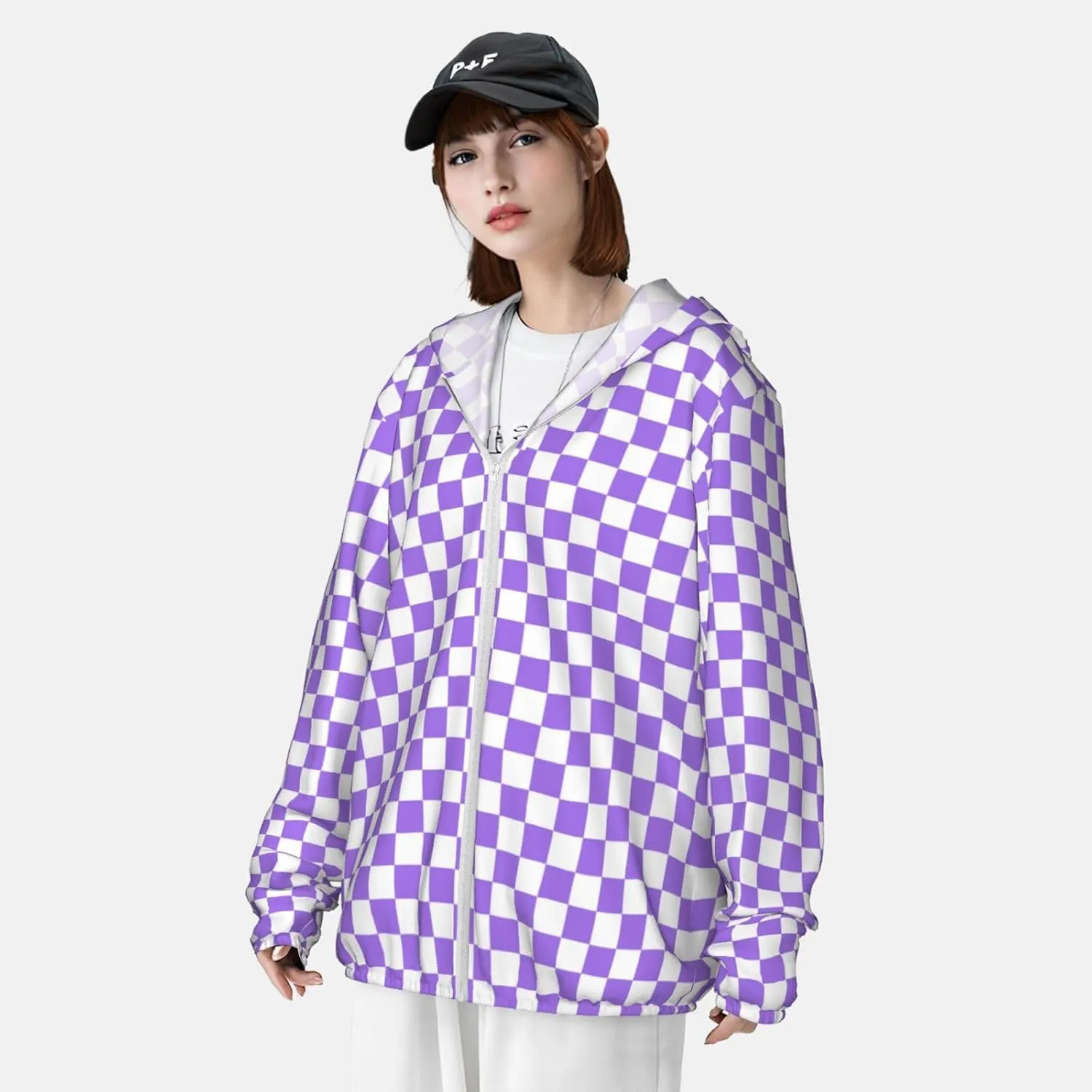 Zip Up Hoodie for Men Women - Lilac Checkered Hooded Sun Long Sleeve Shirt Men Women with Pockets