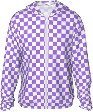 Zip Up Hoodie for Men Women - Lilac Checkered Hooded Sun Long Sleeve Shirt Men Women with Pockets