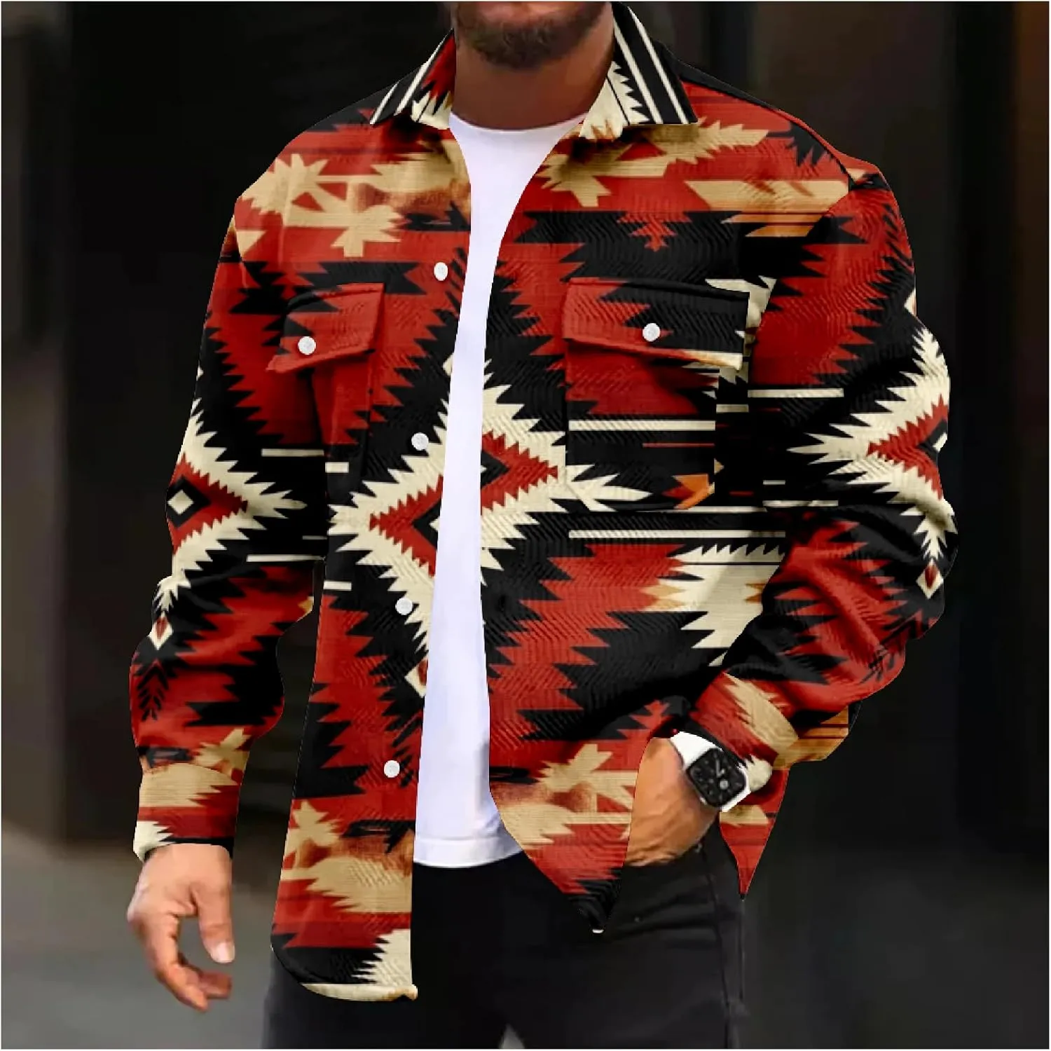 ZOCANIA Men's Aztec Shirt Jacket Lapel Long Sleeve Button Blouse Coat Vintage Ethnic Weatern Tribal Shacket Jacket Outwear