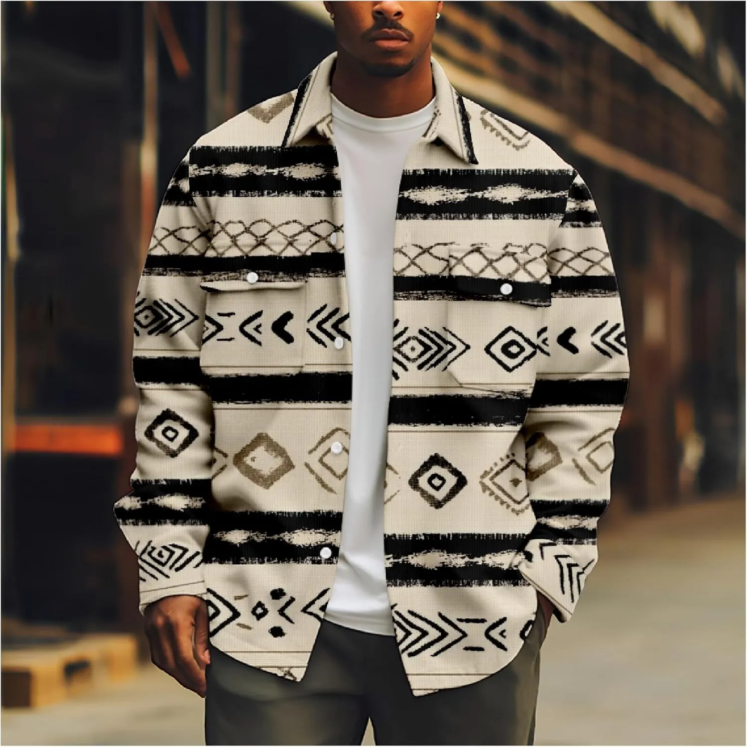 ZOCANIA Men's Aztec Shirt Jacket Lapel Long Sleeve Button Blouse Coat Vintage Ethnic Weatern Tribal Shacket Jacket Outwear