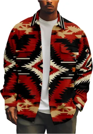ZOCANIA Men's Aztec Shirt Jacket Lapel Long Sleeve Button Blouse Coat Vintage Ethnic Weatern Tribal Shacket Jacket Outwear
