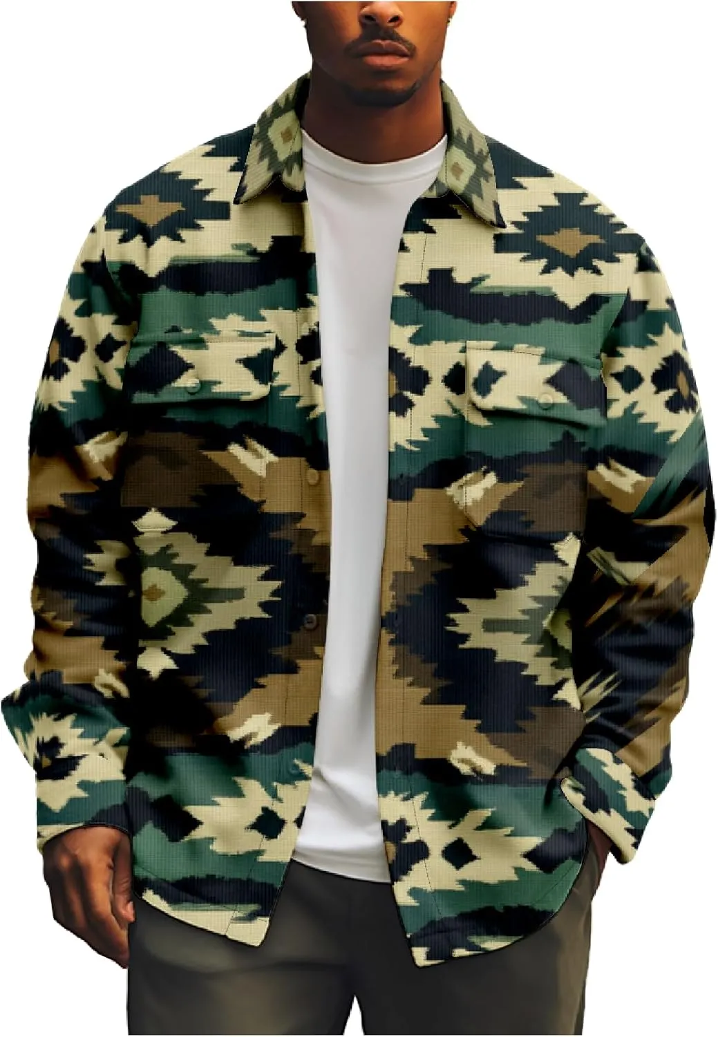 ZOCANIA Men's Aztec Shirt Jacket Lapel Long Sleeve Button Blouse Coat Vintage Ethnic Weatern Tribal Shacket Jacket Outwear
