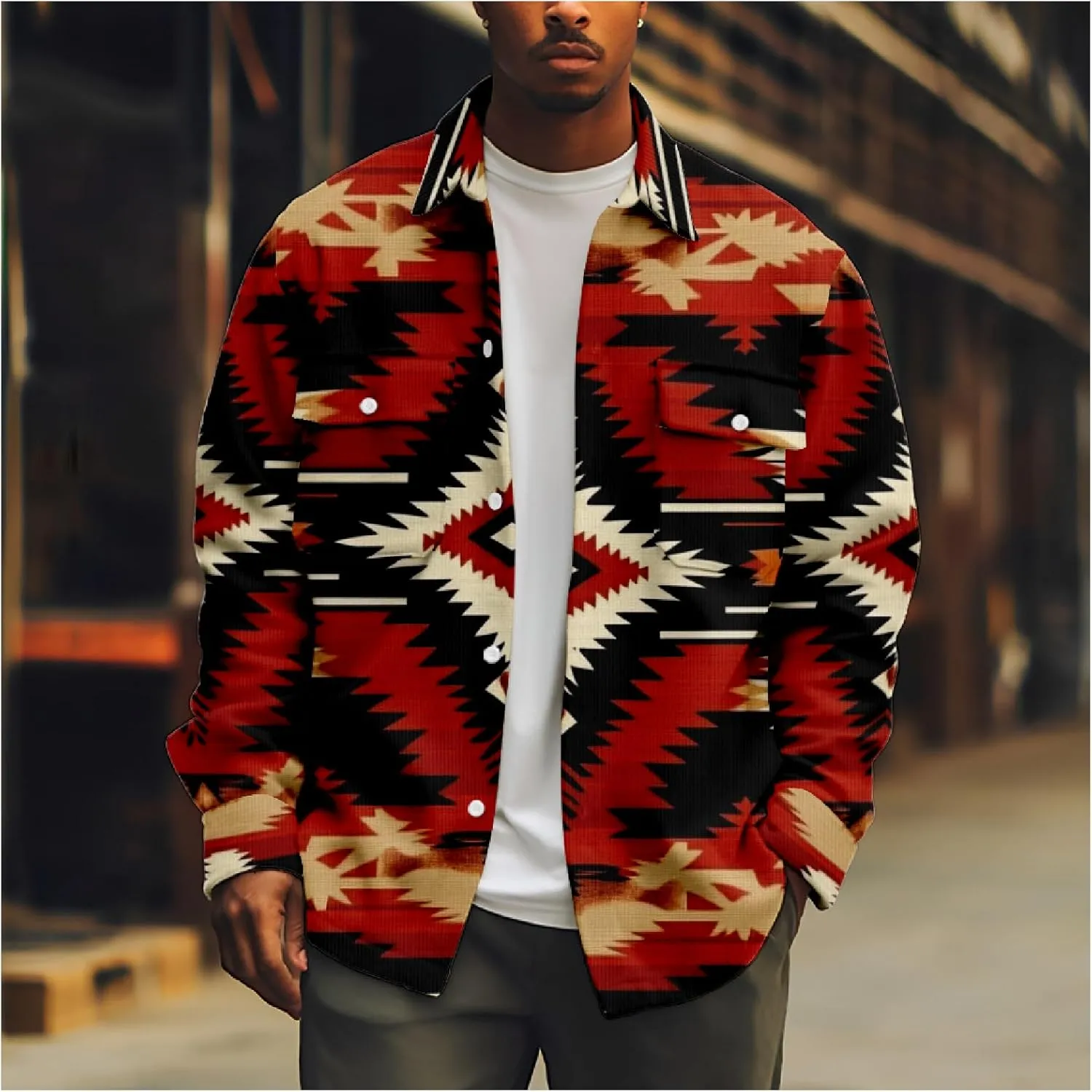 ZOCANIA Men's Aztec Shirt Jacket Lapel Long Sleeve Button Blouse Coat Vintage Ethnic Weatern Tribal Shacket Jacket Outwear