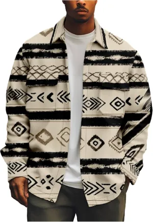 ZOCANIA Men's Aztec Shirt Jacket Lapel Long Sleeve Button Blouse Coat Vintage Ethnic Weatern Tribal Shacket Jacket Outwear