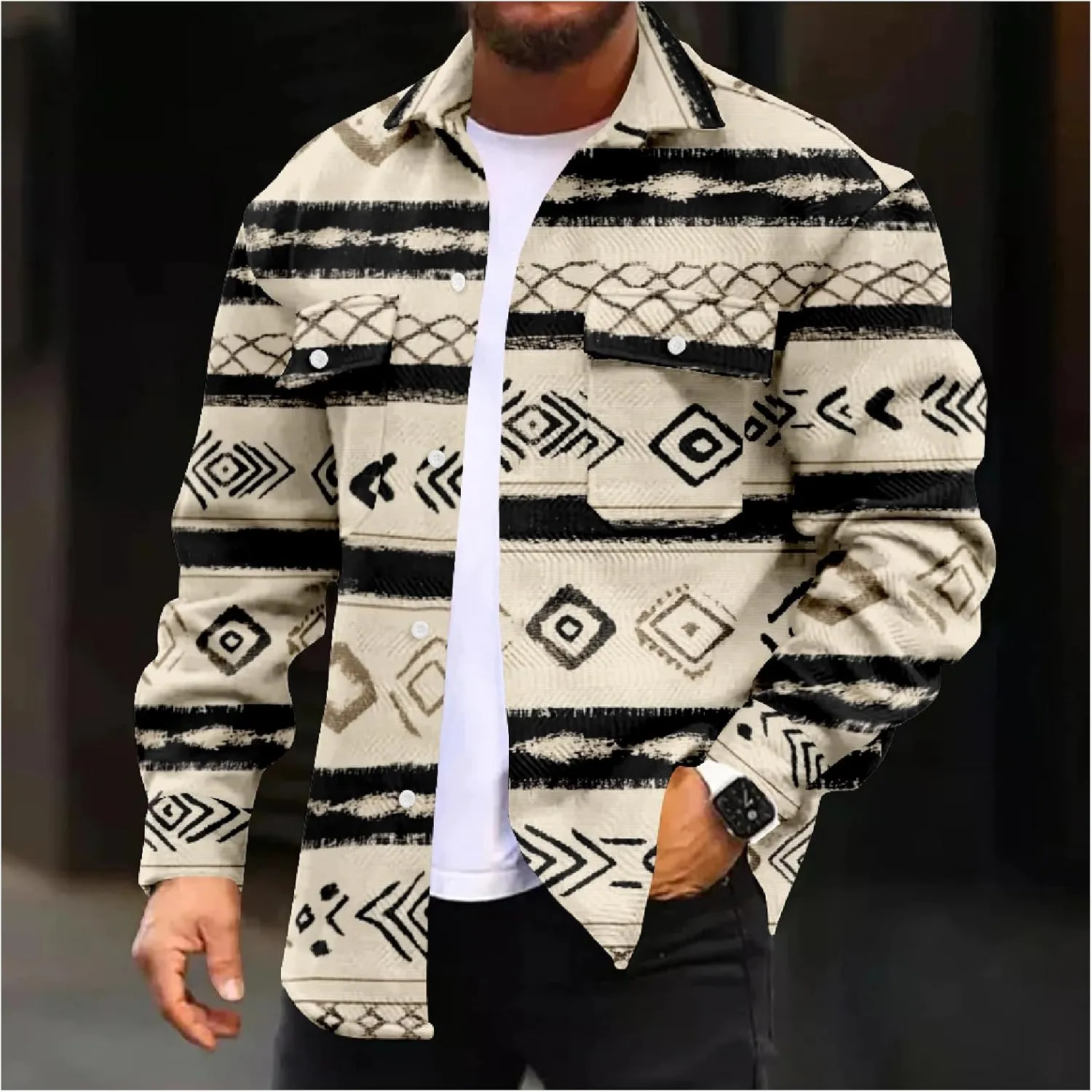 ZOCANIA Men's Aztec Shirt Jacket Lapel Long Sleeve Button Blouse Coat Vintage Ethnic Weatern Tribal Shacket Jacket Outwear